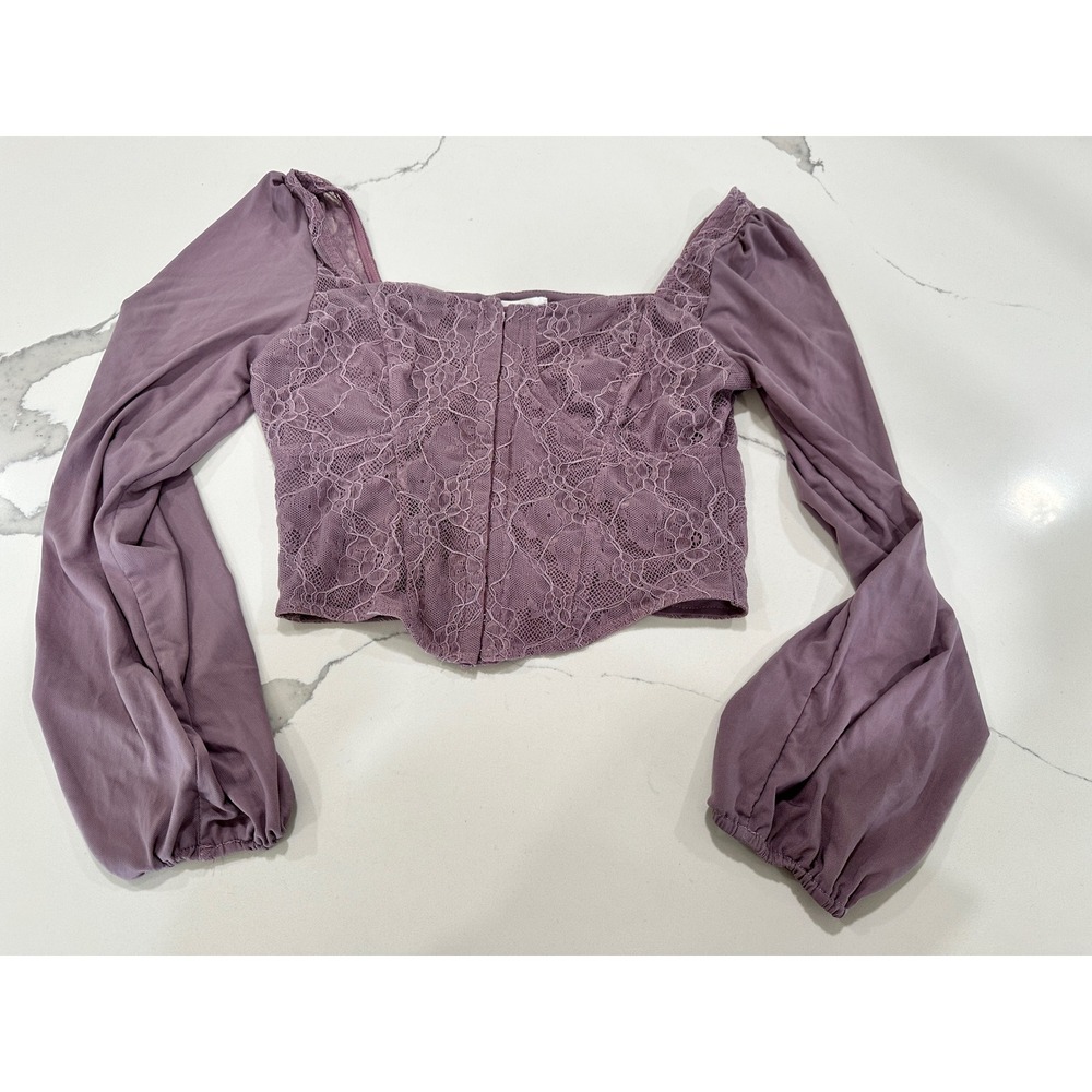 Lace Corset Top Long Mesh Sleeve Square Neck S